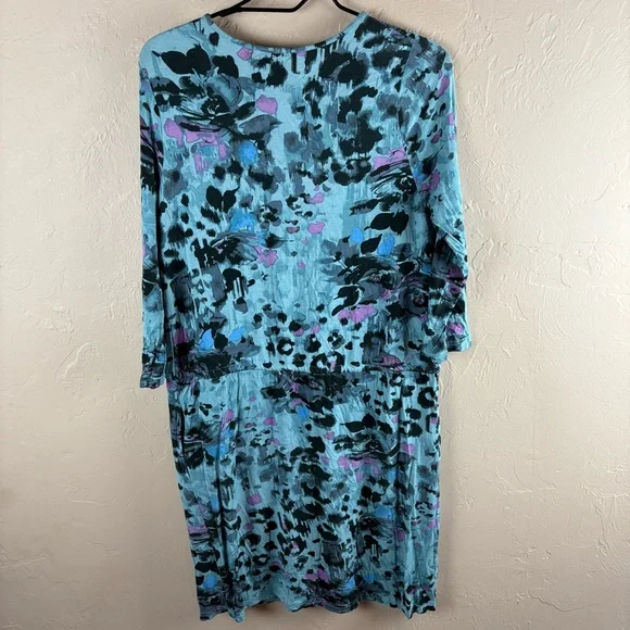 LOGO Lori Goldstein Blue Animal Print Knit Dress Small Pockets 3/4 sleeves - Picture 5 of 9